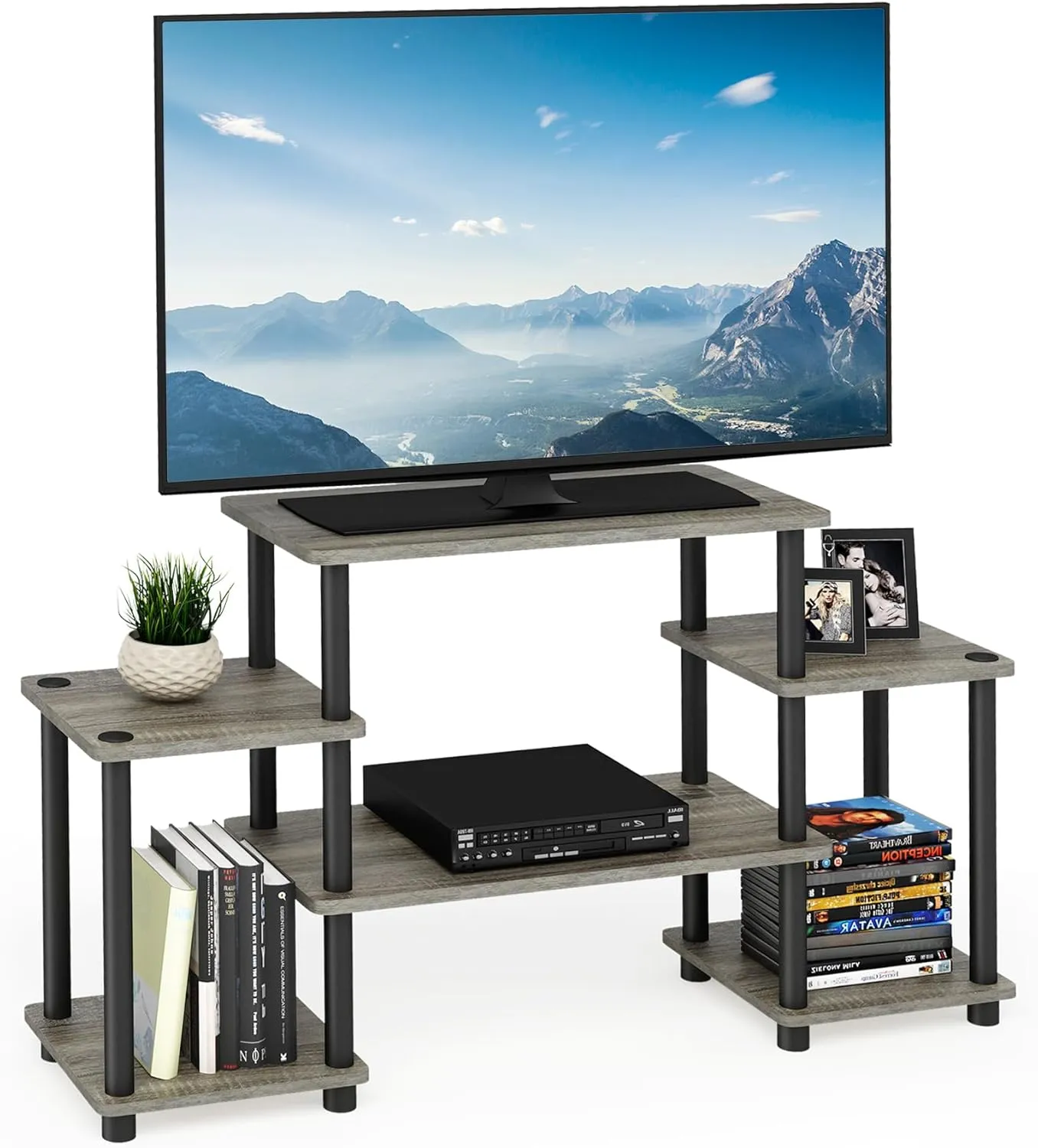 Furinno Turn-N-Tube No Tools Entertainment Center, Round Square Corner, French Oak Grey/Black