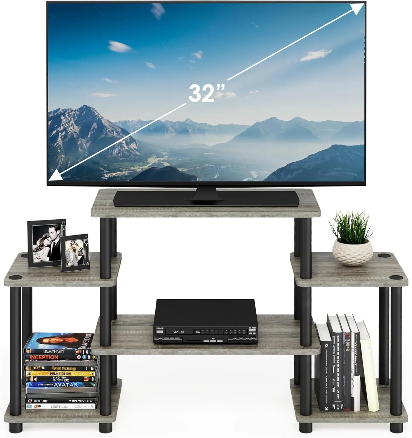 Furinno Turn-N-Tube No Tools Entertainment Center, Round Square Corner, French Oak Grey/Black
