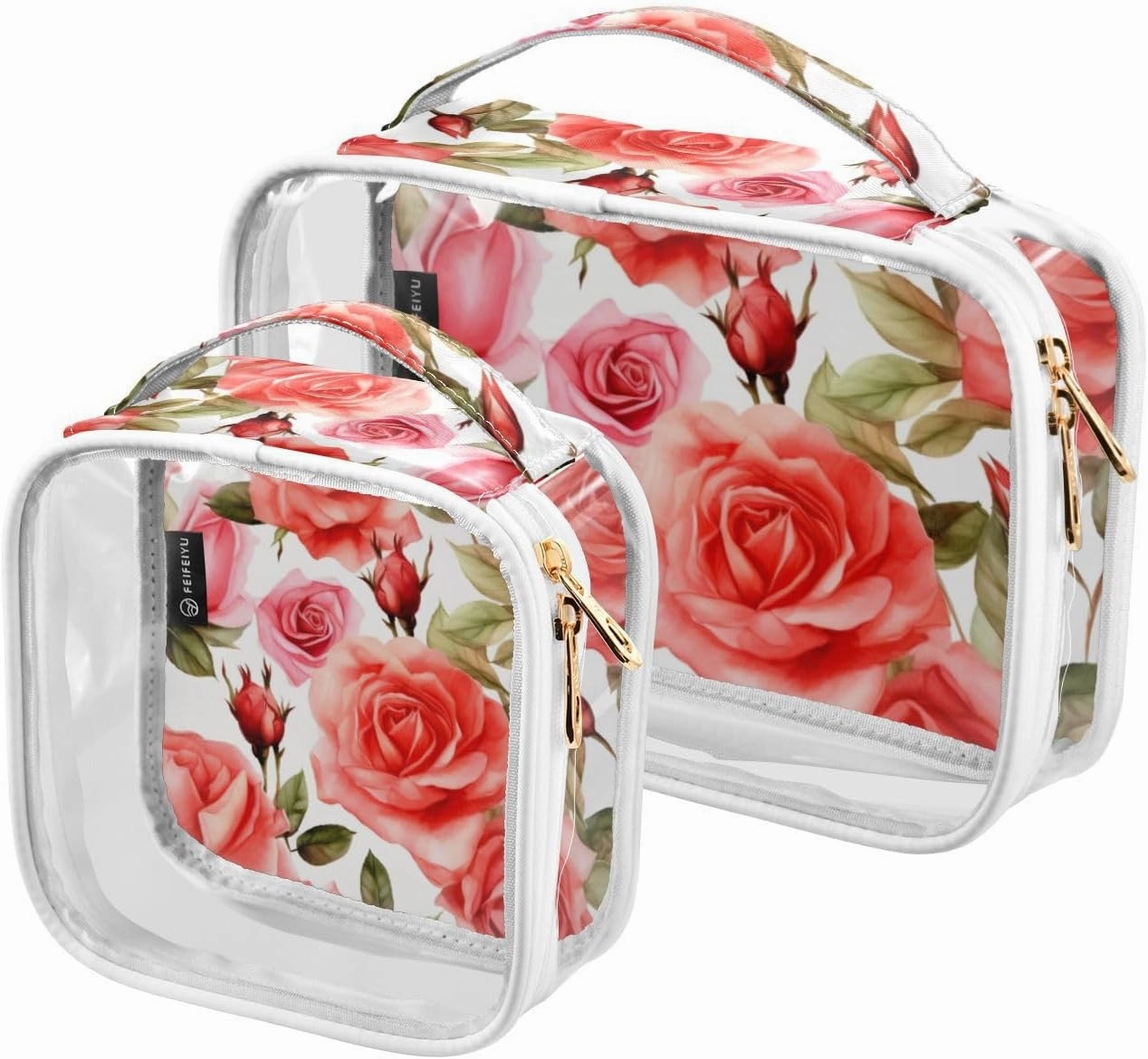 GAIGEO Bright and Colorful Watercolor Roses 2 Pack Clear Cosmetic Bag Set, Clear Cosmetic Bags, Toiletry Bag for Traveling