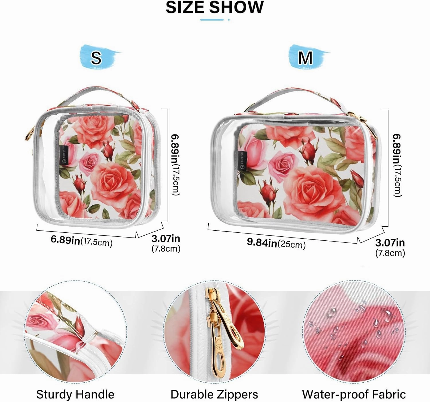GAIGEO Bright and Colorful Watercolor Roses 2 Pack Clear Cosmetic Bag Set, Clear Cosmetic Bags, Toiletry Bag for Traveling