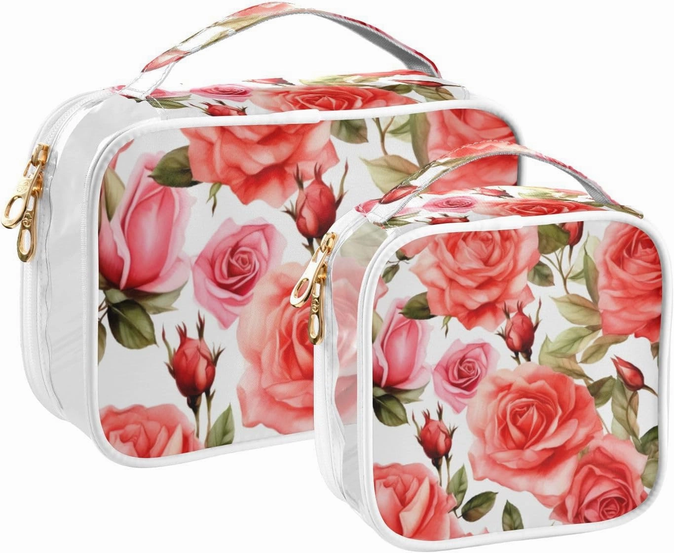 GAIGEO Bright and Colorful Watercolor Roses 2 Pack Clear Cosmetic Bag Set, Clear Cosmetic Bags, Toiletry Bag for Traveling