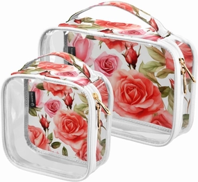 GAIGEO Bright and Colorful Watercolor Roses 2 Pack Clear Cosmetic Bag Set, Clear Cosmetic Bags, Toiletry Bag for Traveling