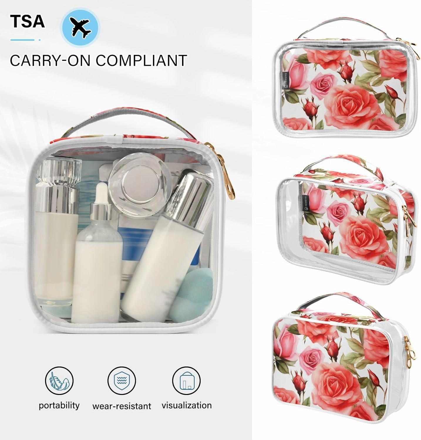 GAIGEO Bright and Colorful Watercolor Roses 2 Pack Clear Cosmetic Bag Set, Clear Cosmetic Bags, Toiletry Bag for Traveling