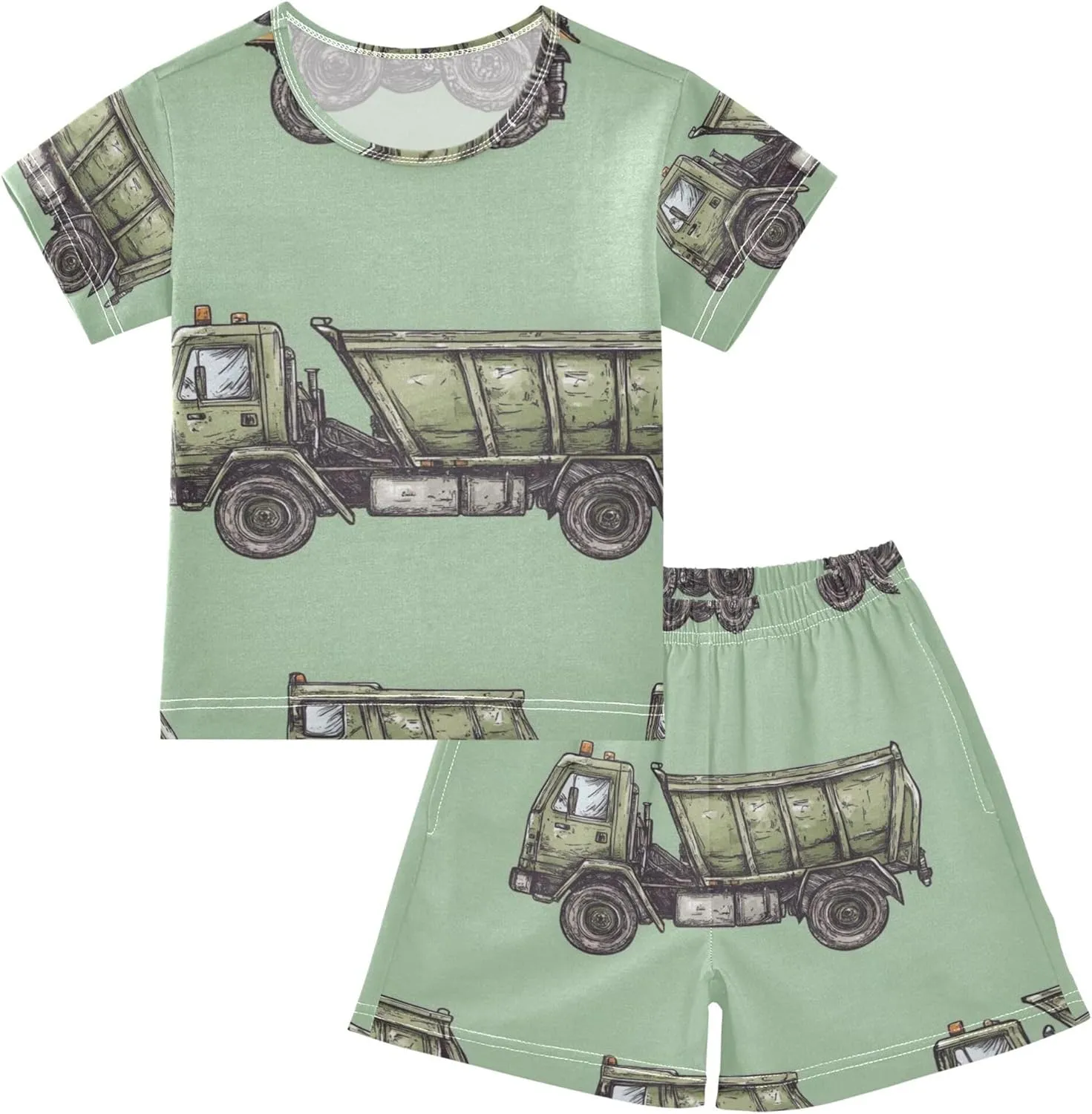 Garbage Truck Green Summer Pajamas Short Set 2 Piece Sleepwear