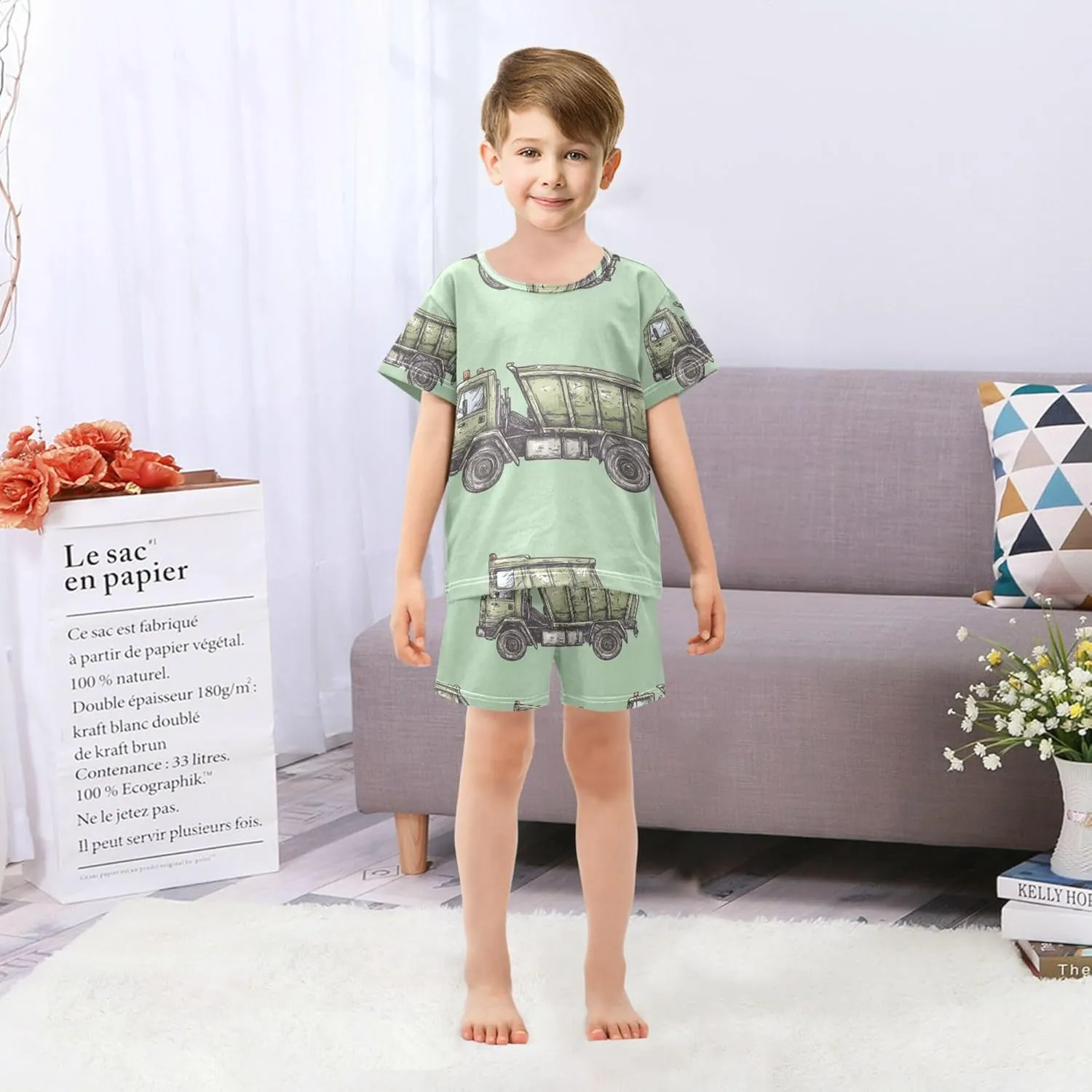 Garbage Truck Green Summer Pajamas Short Set 2 Piece Sleepwear