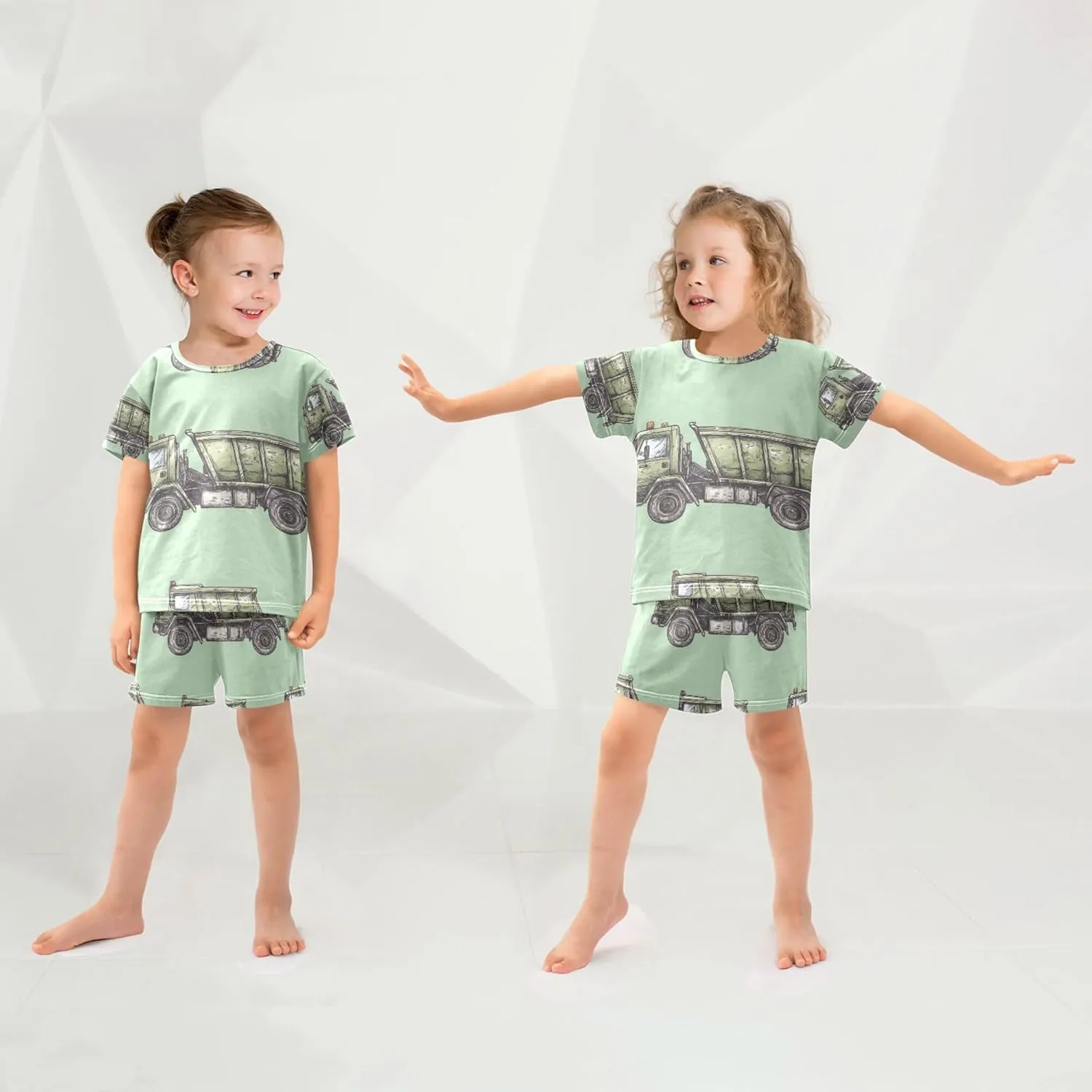 Garbage Truck Green Summer Pajamas Short Set 2 Piece Sleepwear