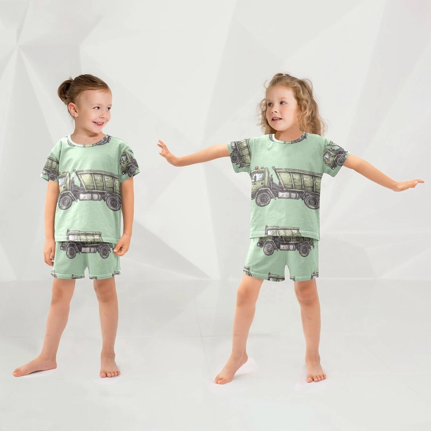 Garbage Truck Green Summer Pajamas Short Set 2 Piece Sleepwear