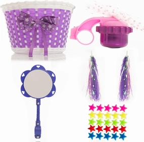 Girl’s Bicycle Decorations Set - Fun Bicycle Decor w/Beads, Rear View Mirror, Mounted Water Bottle, Handlebar Streamers & Basket - Complete Bike Decoration for Kids