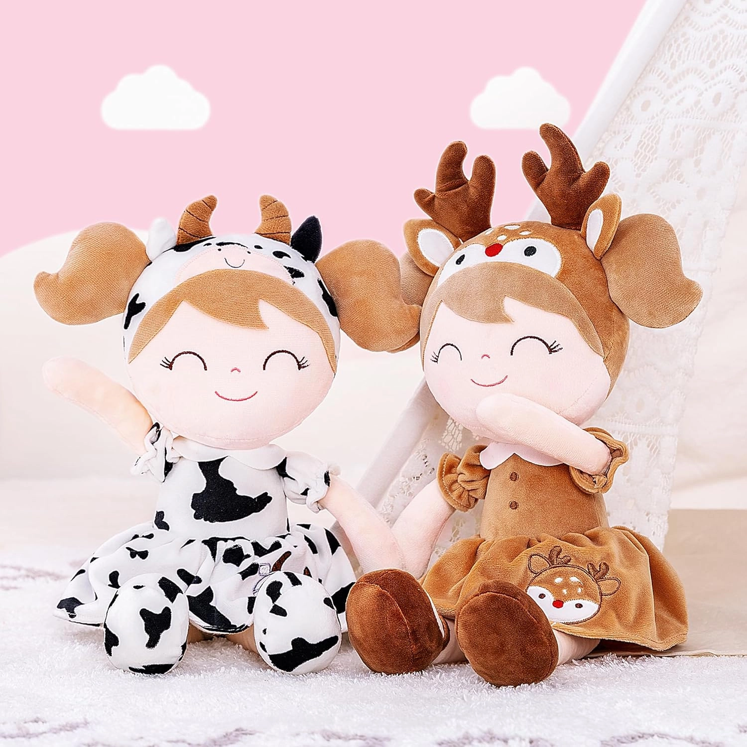 Gloveleya Plush Baby Doll Girl Gift Spring Elk Deer Doll Kids Soft Toy Brown 16"
