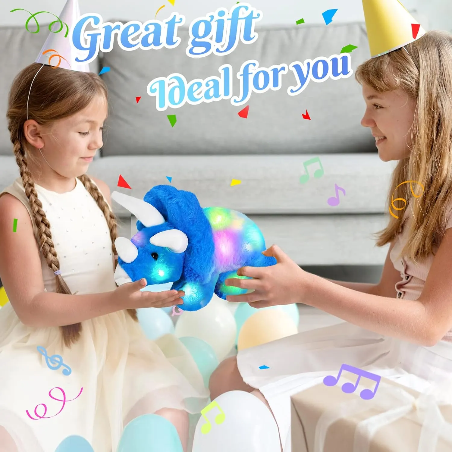 Glow Guards 16''Light up Musical Triceratops Dinosaur Stuffed Animal,Soft Singing LED Dinosaur Plush Toy with Magic Night Lights&Lullaby,Birthday Children's Day for Toddler Kids