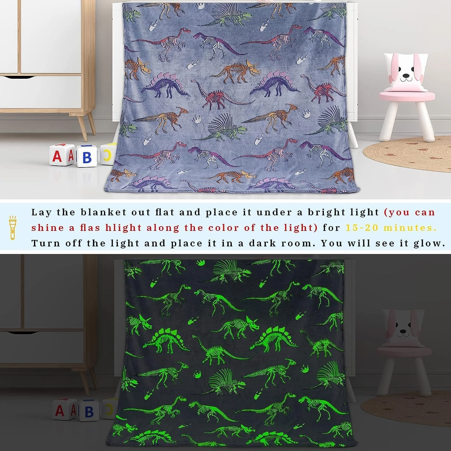 Glow in The Dark Dinosaur Blanket - Soft Warm Plush Kids Cute Dino Throw Blankets for Couch, Luminous 80"x60"