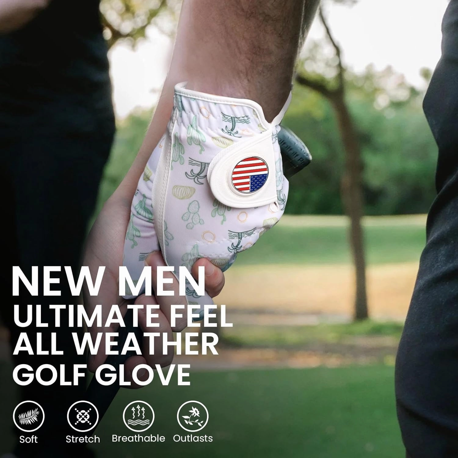 Golf Gloves Men Right Handed Golfer Left Hand Leather Stylish Value 2 Pack, with 2 USA Flag Ball Marker, Breathable All Weather Cool Grip Glove for Mens