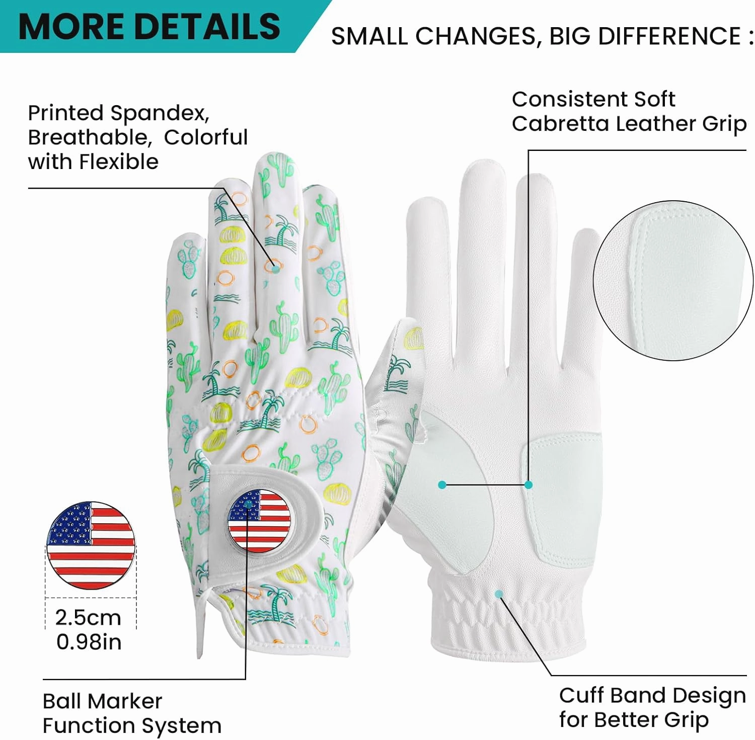Golf Gloves Men Right Handed Golfer Left Hand Leather Stylish Value 2 Pack, with 2 USA Flag Ball Marker, Breathable All Weather Cool Grip Glove for Mens