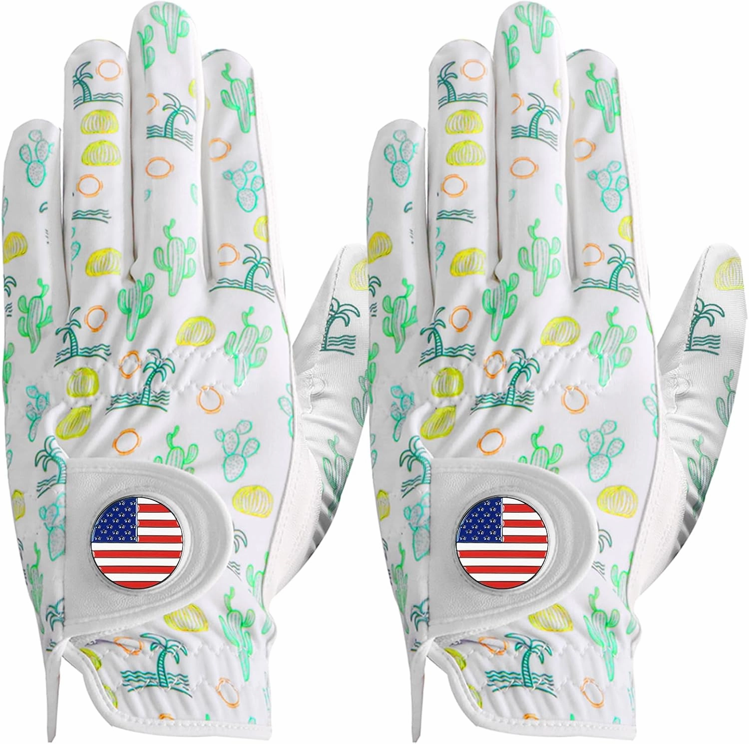 Golf Gloves Men Right Handed Golfer Left Hand Leather Stylish Value 2 Pack, with 2 USA Flag Ball Marker, Breathable All Weather Cool Grip Glove for Mens