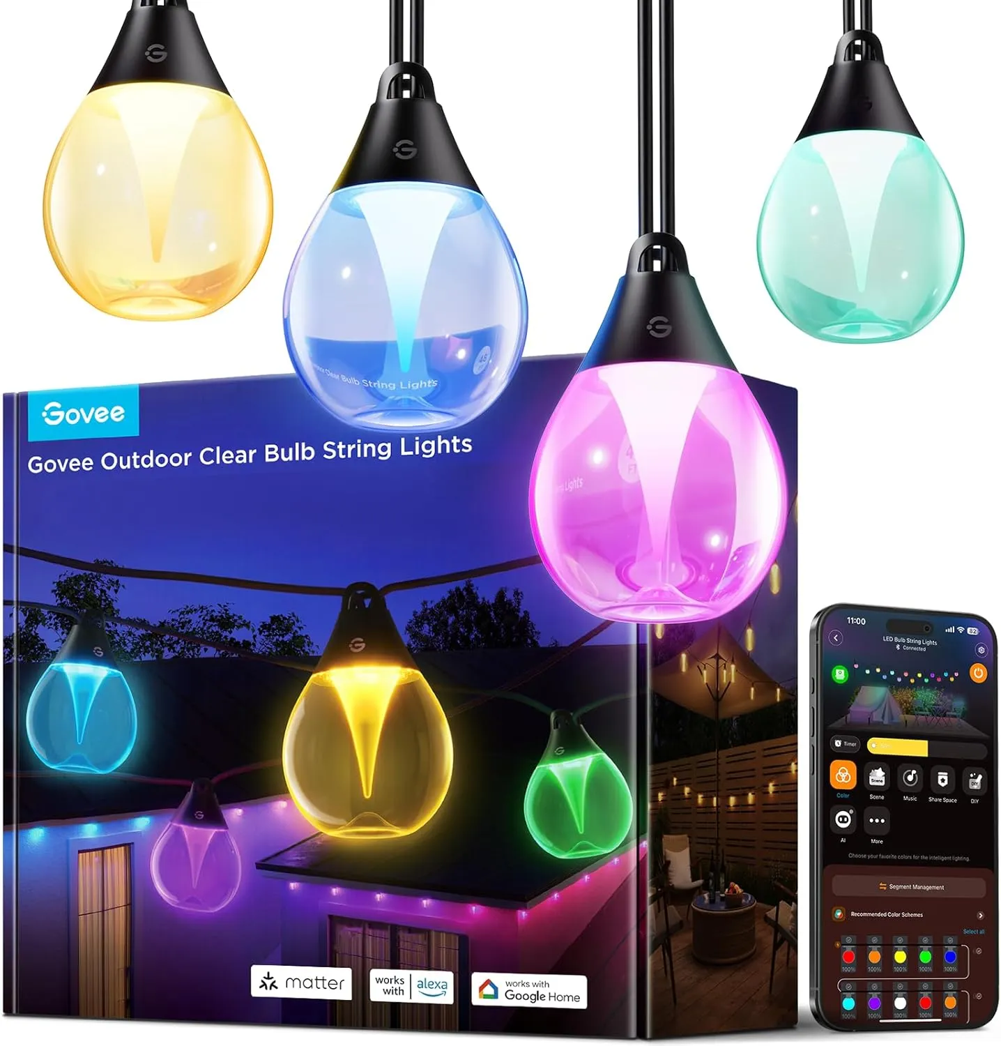 Govee Outdoor Clear Bulb String Lights, 48ft RGBWIC Outdoor Lights with 15 Dimmable Warm White LED Bulbs, 111 Scene Modes for Patio, Backyard, IP67 Waterproof, Works with Alexa, Google & Matter