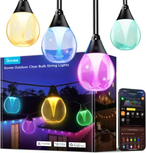 Govee Outdoor Clear Bulb String Lights, 48ft RGBWIC Outdoor Lights with 15 Dimmable Warm White LED Bulbs, 111 Scene Modes for Patio, Backyard, IP67 Waterproof, Works with Alexa, Google & Matter