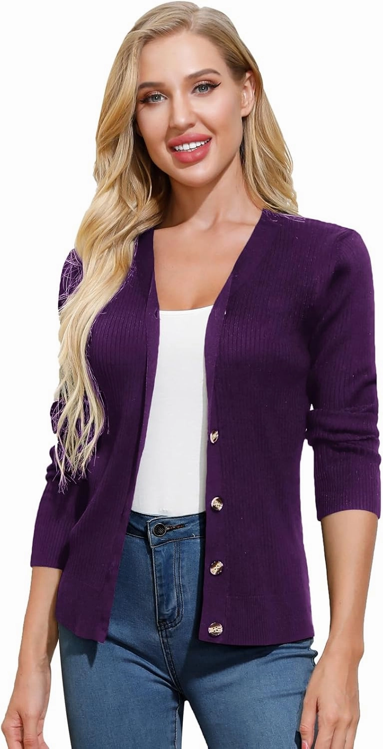 GRACE KARIN Women's Button Up V Neck Long Sleeve Soft Basic Knit Cardigan Sweater