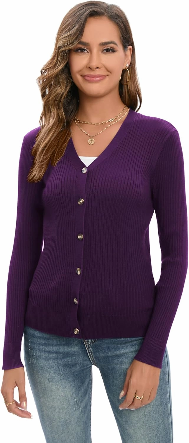 GRACE KARIN Women's Button Up V Neck Long Sleeve Soft Basic Knit Cardigan Sweater