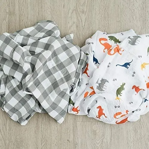 GRACED SOFT LUXURIES 2-Pack Dinosaur Swaddle Blanket Super Soft Luxury Decorative Baby Muslin Swaddle Blankets Wraps (Dinoland)