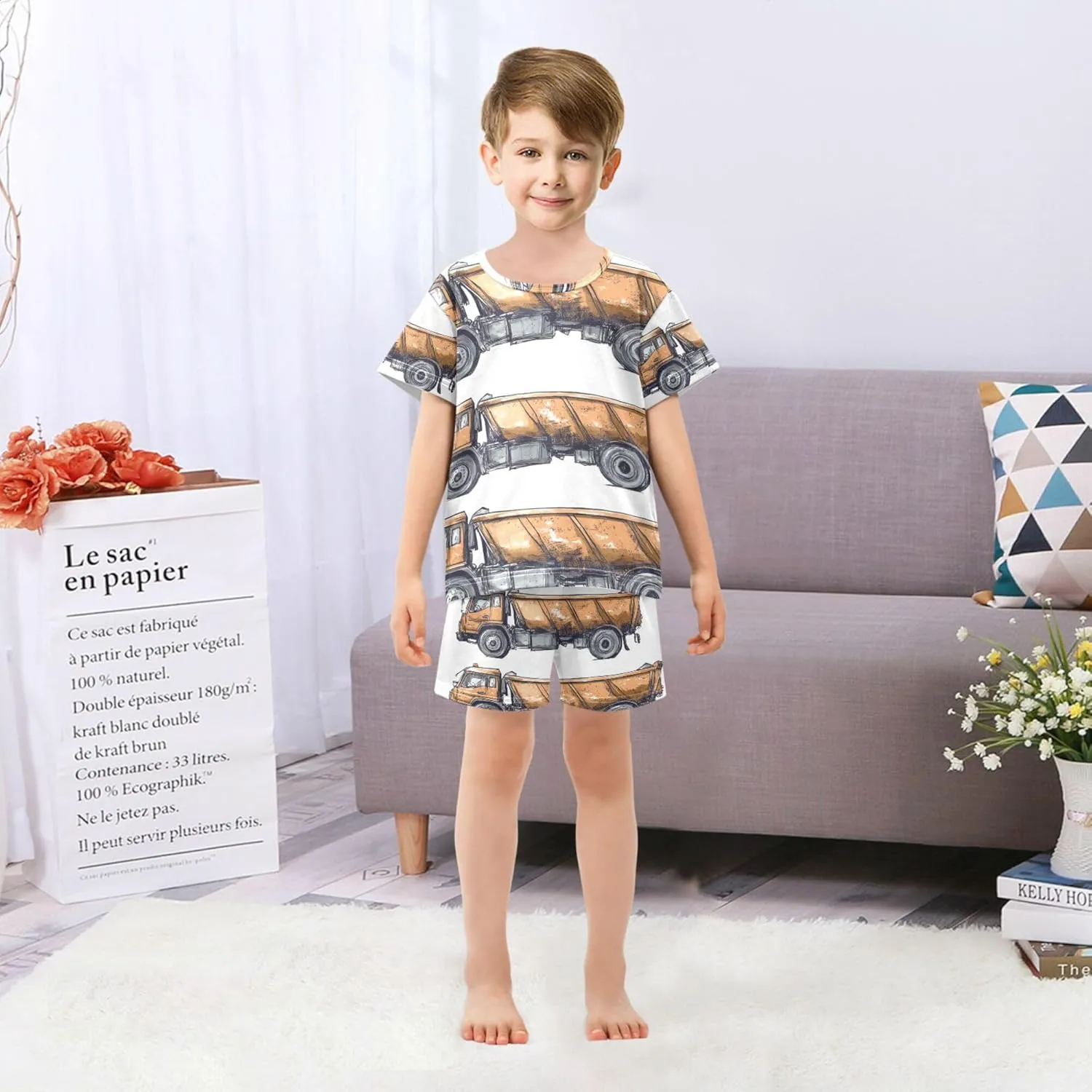Green Garbage Truck Cars Pajamas Short Set 2 Piece Summer Sleepwear