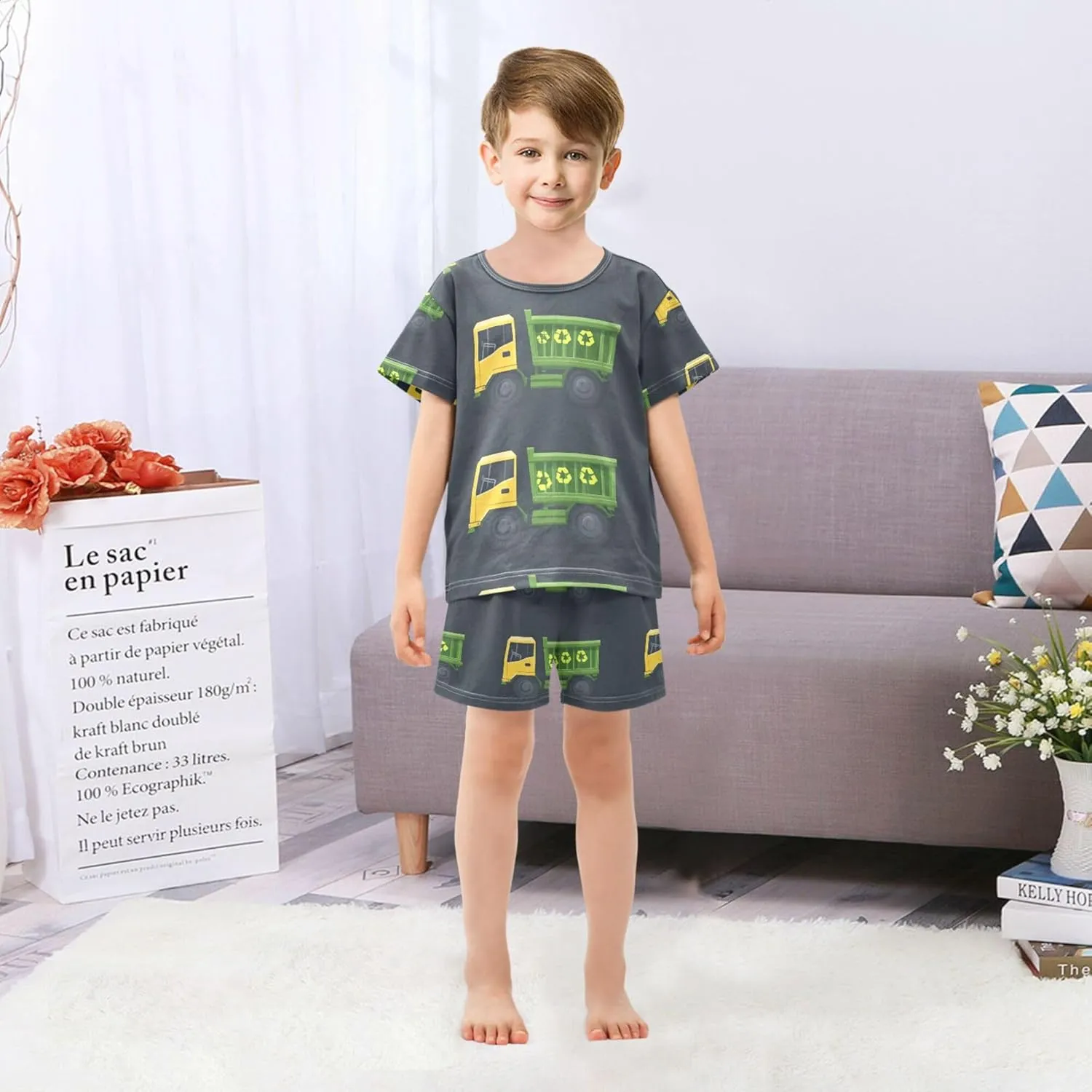 Green Garbage Trucks Cars Summer Pajamas Short Set 2 Piece Sleepwear