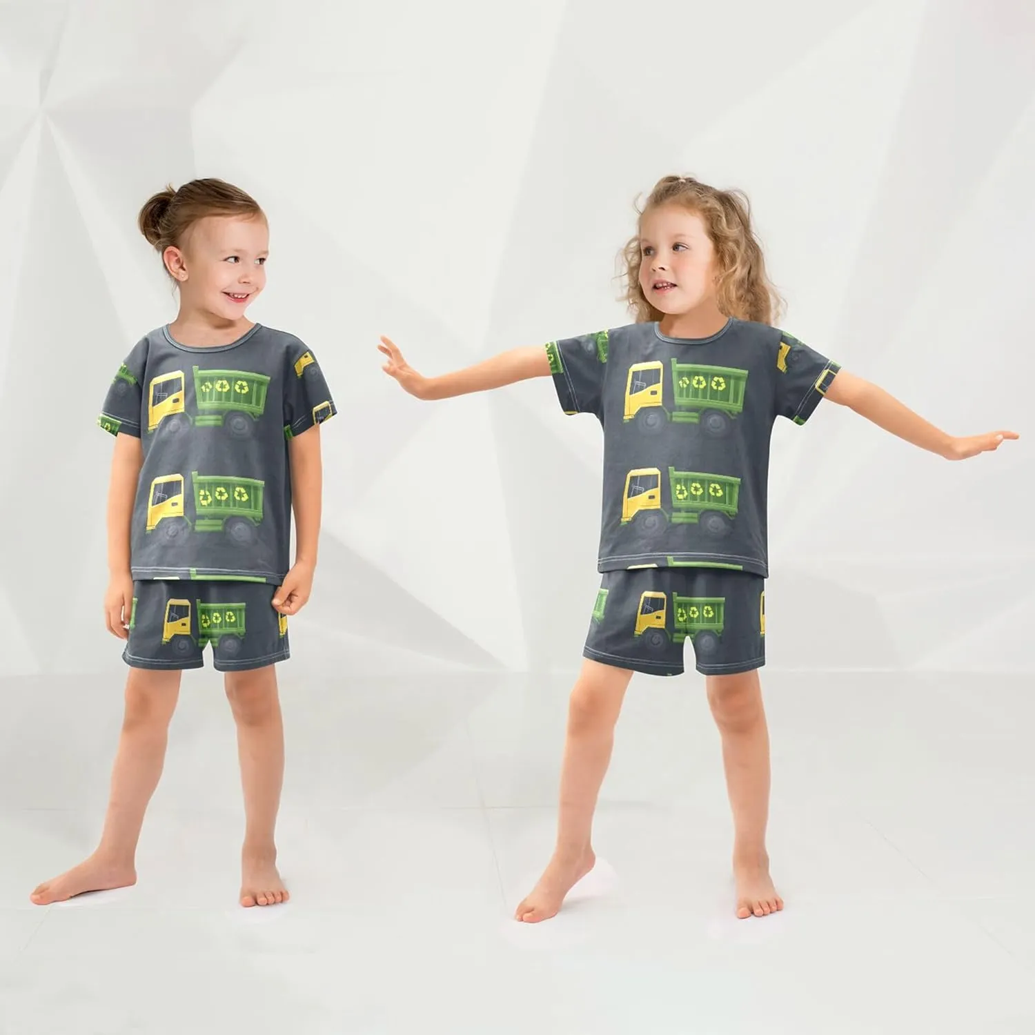 Green Garbage Trucks Cars Summer Pajamas Short Set 2 Piece Sleepwear