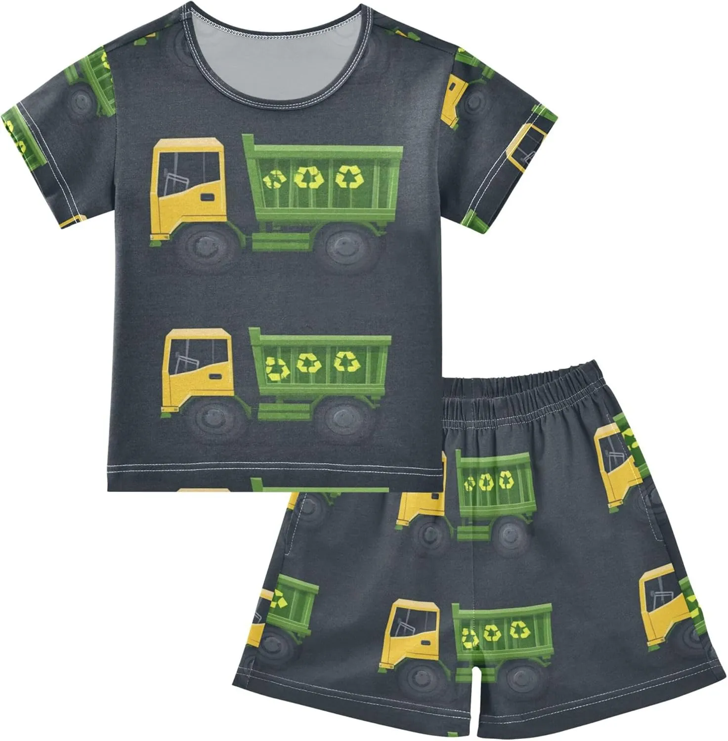 Green Garbage Trucks Cars Summer Pajamas Short Set 2 Piece Sleepwear
