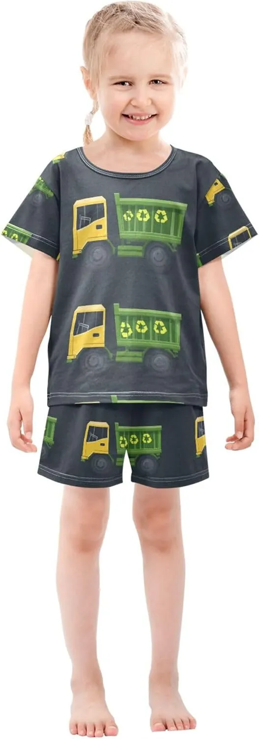 Green Garbage Trucks Cars Summer Pajamas Short Set 2 Piece Sleepwear