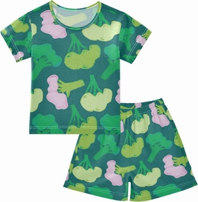 Green Cabbage Broccoli Vegetable Summer Short Pajamas Set 2 Piece Cotton Sleepwear