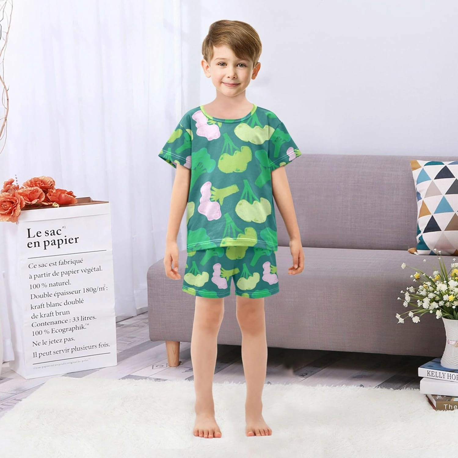 Green Cabbage Broccoli Vegetable Summer Short Pajamas Set 2 Piece Cotton Sleepwear