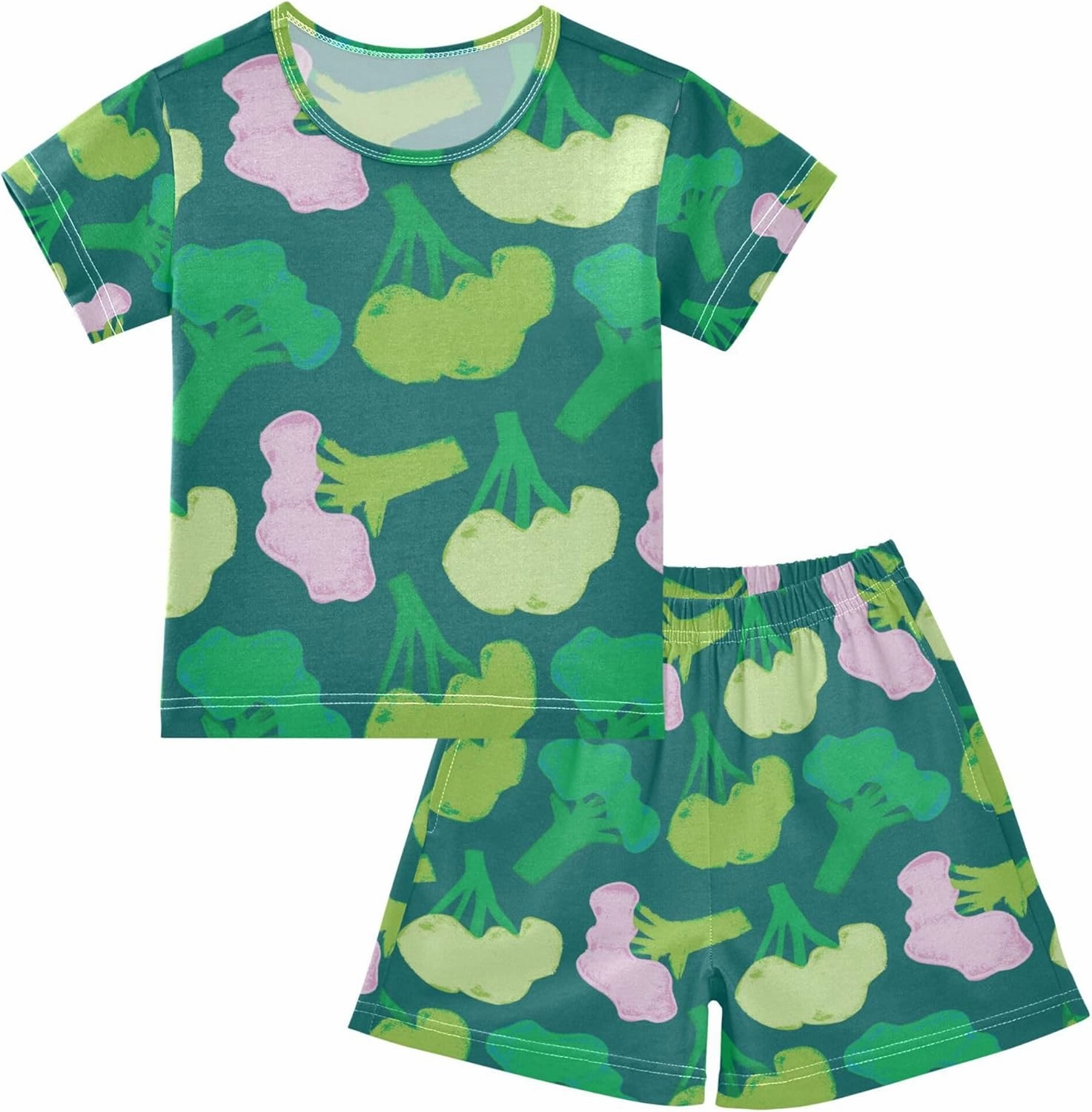 Green Cabbage Broccoli Vegetable Summer Short Pajamas Set 2 Piece Cotton Sleepwear