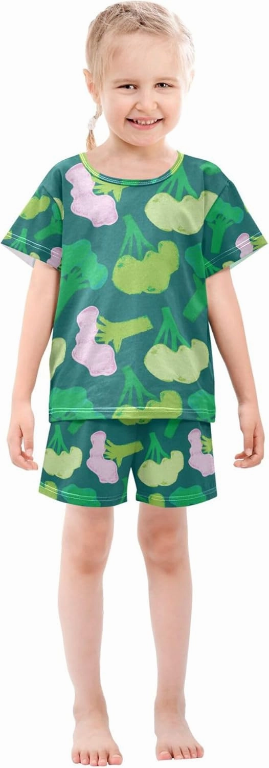 Green Cabbage Broccoli Vegetable Summer Short Pajamas Set 2 Piece Cotton Sleepwear