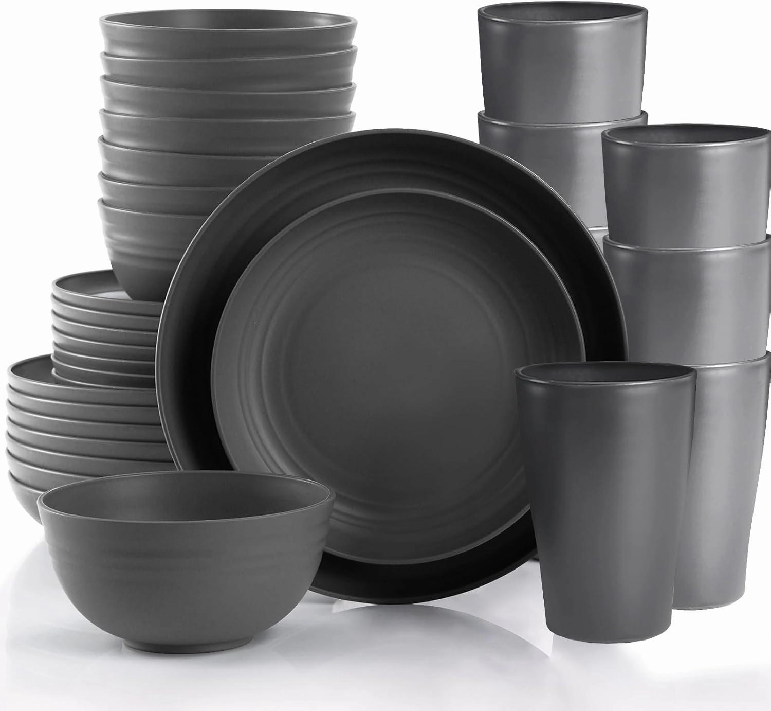 Grey Kitchen Plates and Bowls Set,32pcs Plastic Dinnerware Set,Cups and Plates Sets for kitchen Dishware Sets for 8 Kids Plate Non Toxic Unbreakable and Lightweight，Dishwasher and Microwave Safe