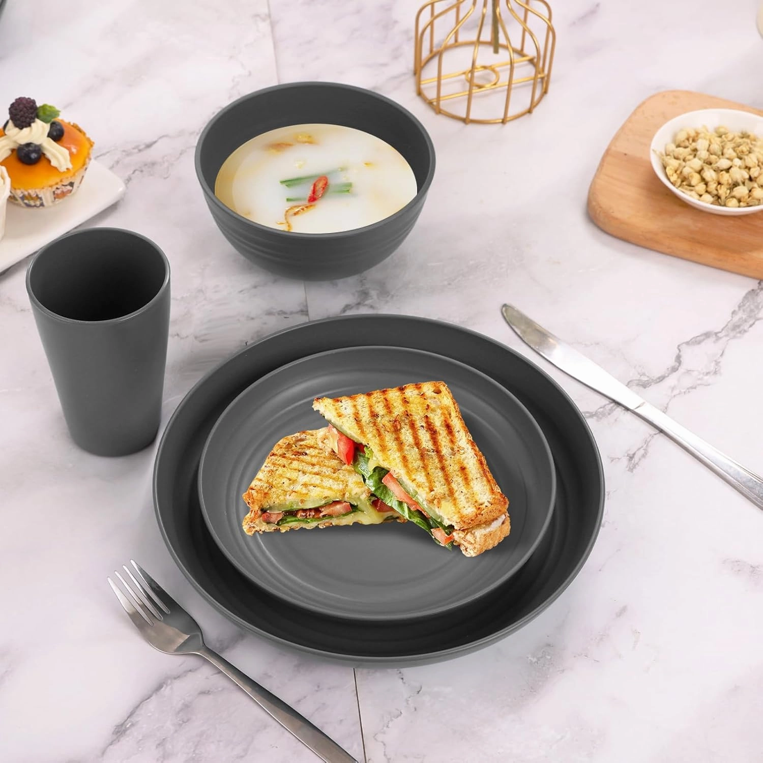 Grey Kitchen Plates and Bowls Set,32pcs Plastic Dinnerware Set,Cups and Plates Sets for kitchen Dishware Sets for 8 Kids Plate Non Toxic Unbreakable and Lightweight，Dishwasher and Microwave Safe
