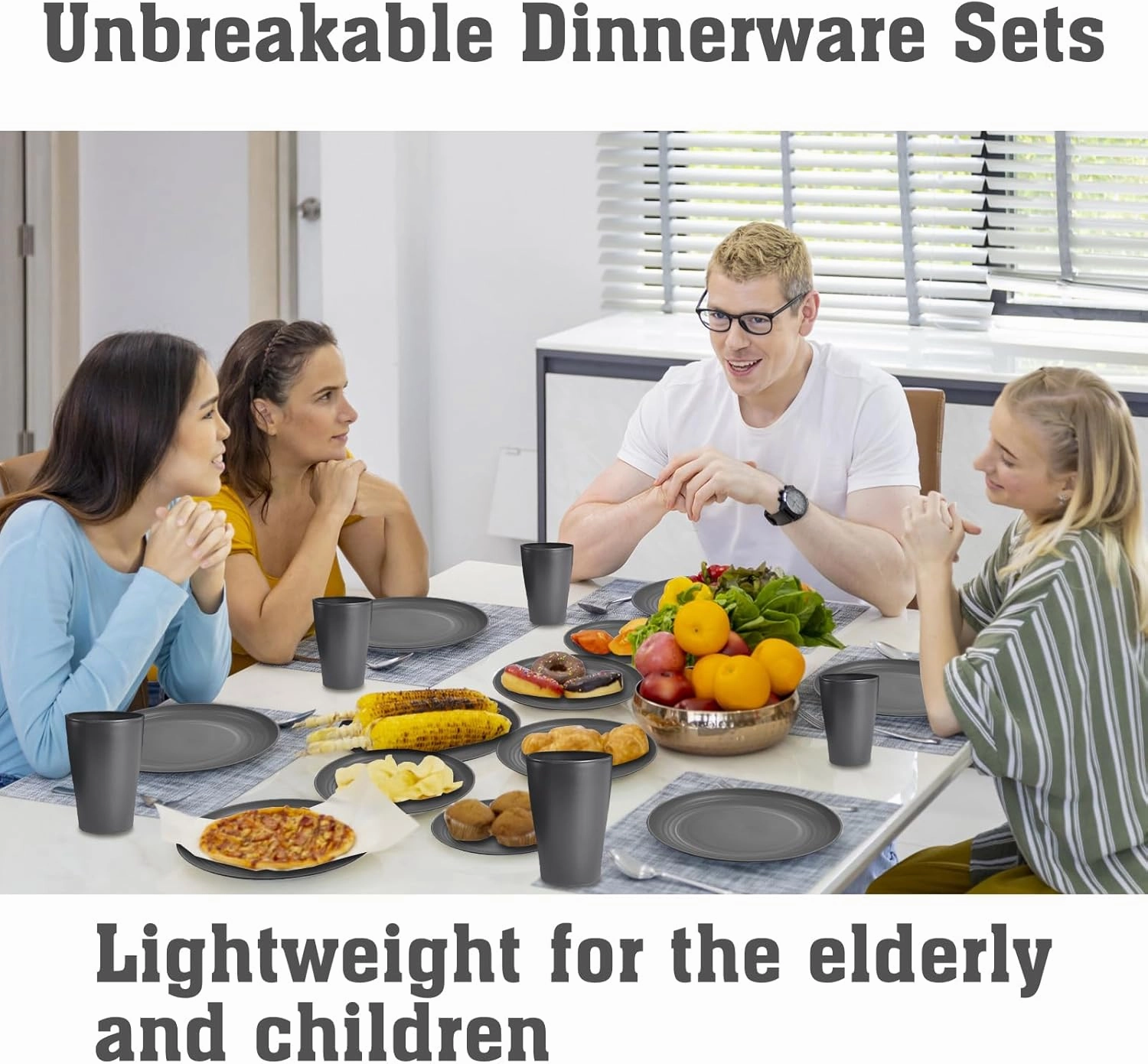 Grey Kitchen Plates and Bowls Set,32pcs Plastic Dinnerware Set,Cups and Plates Sets for kitchen Dishware Sets for 8 Kids Plate Non Toxic Unbreakable and Lightweight，Dishwasher and Microwave Safe