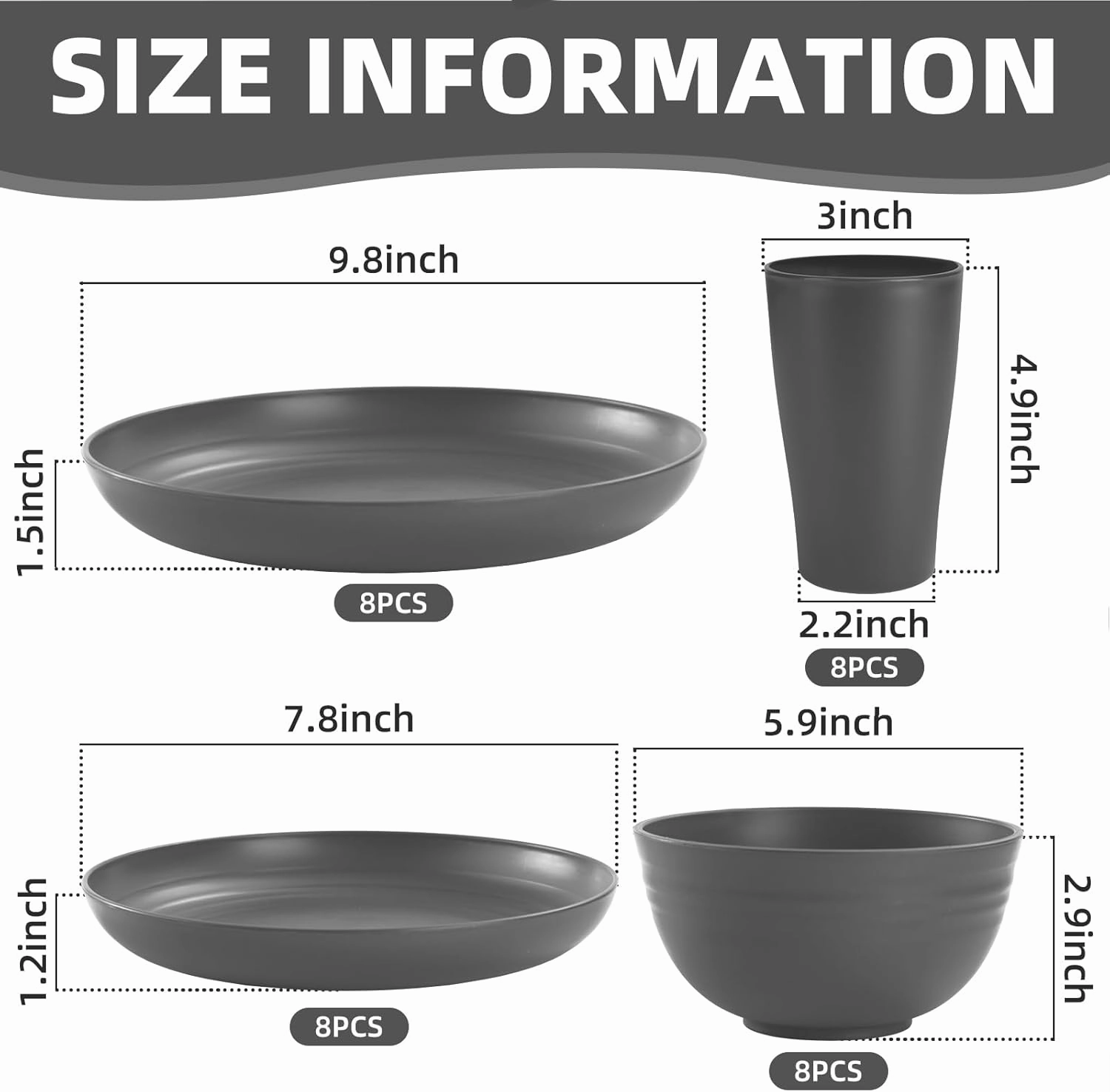 Grey Kitchen Plates and Bowls Set,32pcs Plastic Dinnerware Set,Cups and Plates Sets for kitchen Dishware Sets for 8 Kids Plate Non Toxic Unbreakable and Lightweight，Dishwasher and Microwave Safe