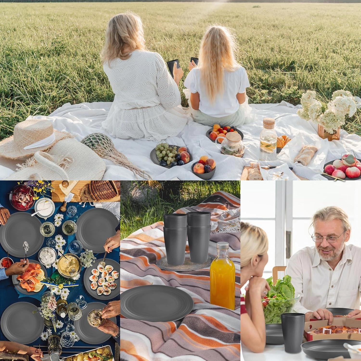 Grey Kitchen Plates and Bowls Set,32pcs Plastic Dinnerware Set,Cups and Plates Sets for kitchen Dishware Sets for 8 Kids Plate Non Toxic Unbreakable and Lightweight，Dishwasher and Microwave Safe
