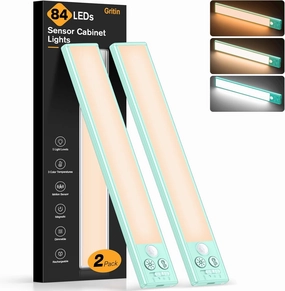 Gritin 10.2inch Under Cabinet Lighting Rechargeable -84 LED Super Bright,3-Color& 5 Level Brightness,4 Modes,Motion Sensor, Long Lasting- Easy Installation Magnetic Closet Lights -2 Pack-Blue