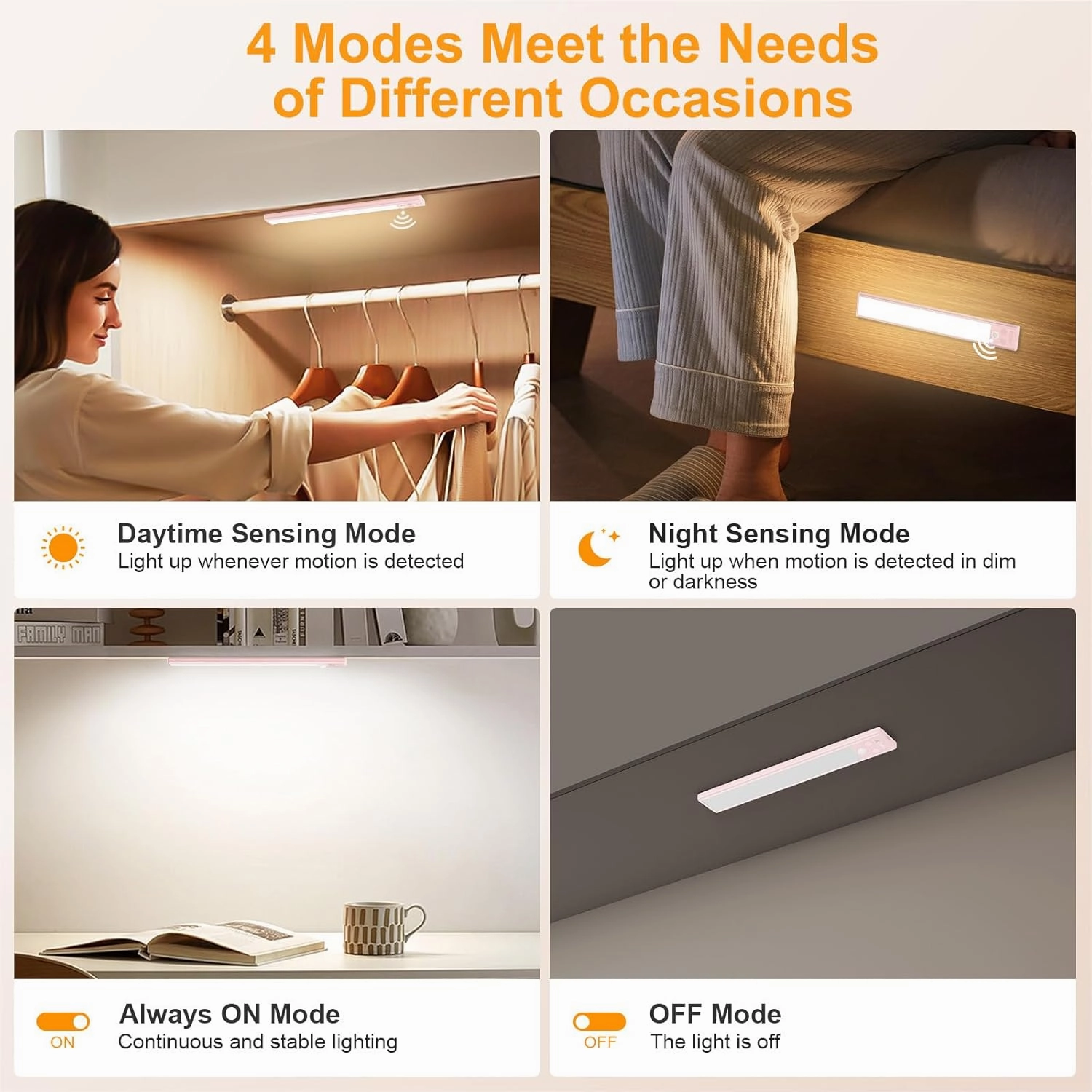 Gritin 10.2inch Under Cabinet Lighting Rechargeable -84 LED Super Bright,3-Color& 5 Level Brightness,4 Modes,Motion Sensor, Long Lasting- Easy Installation Magnetic Closet Lights -2 Pack-Pink