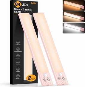 Gritin 10.2inch Under Cabinet Lighting Rechargeable -84 LED Super Bright,3-Color& 5 Level Brightness,4 Modes,Motion Sensor, Long Lasting- Easy Installation Magnetic Closet Lights -2 Pack-Pink
