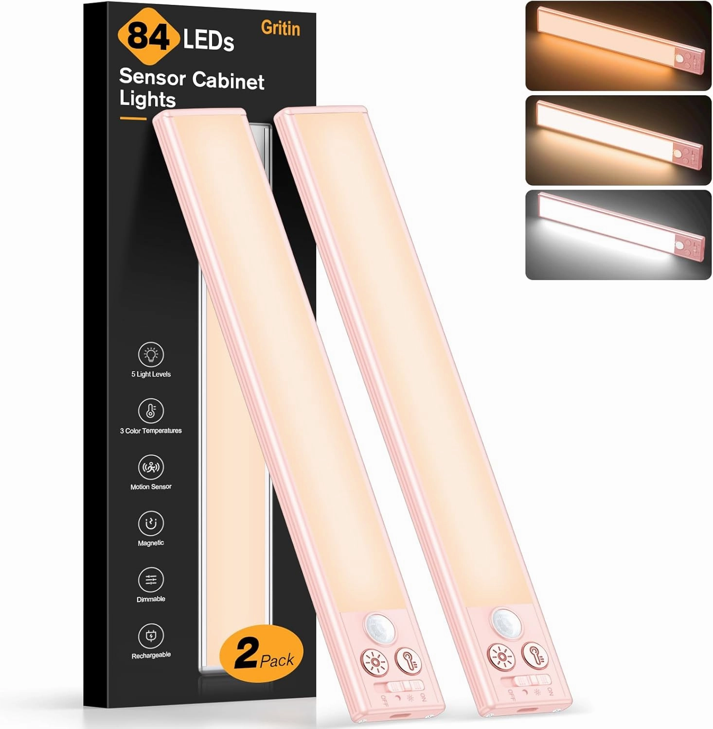 Gritin 10.2inch Under Cabinet Lighting Rechargeable -84 LED Super Bright,3-Color& 5 Level Brightness,4 Modes,Motion Sensor, Long Lasting- Easy Installation Magnetic Closet Lights -2 Pack-Pink