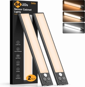Gritin Under Cabinet Lighting- 84 LED Super Bright,3-Color & 5-Brightness,4 Modes,Motion Sensor, Rechargeable 1800mAh Long Lasting-Easy Installation Magnetic Under Cabinet Closet Lights -2 Pack-Black