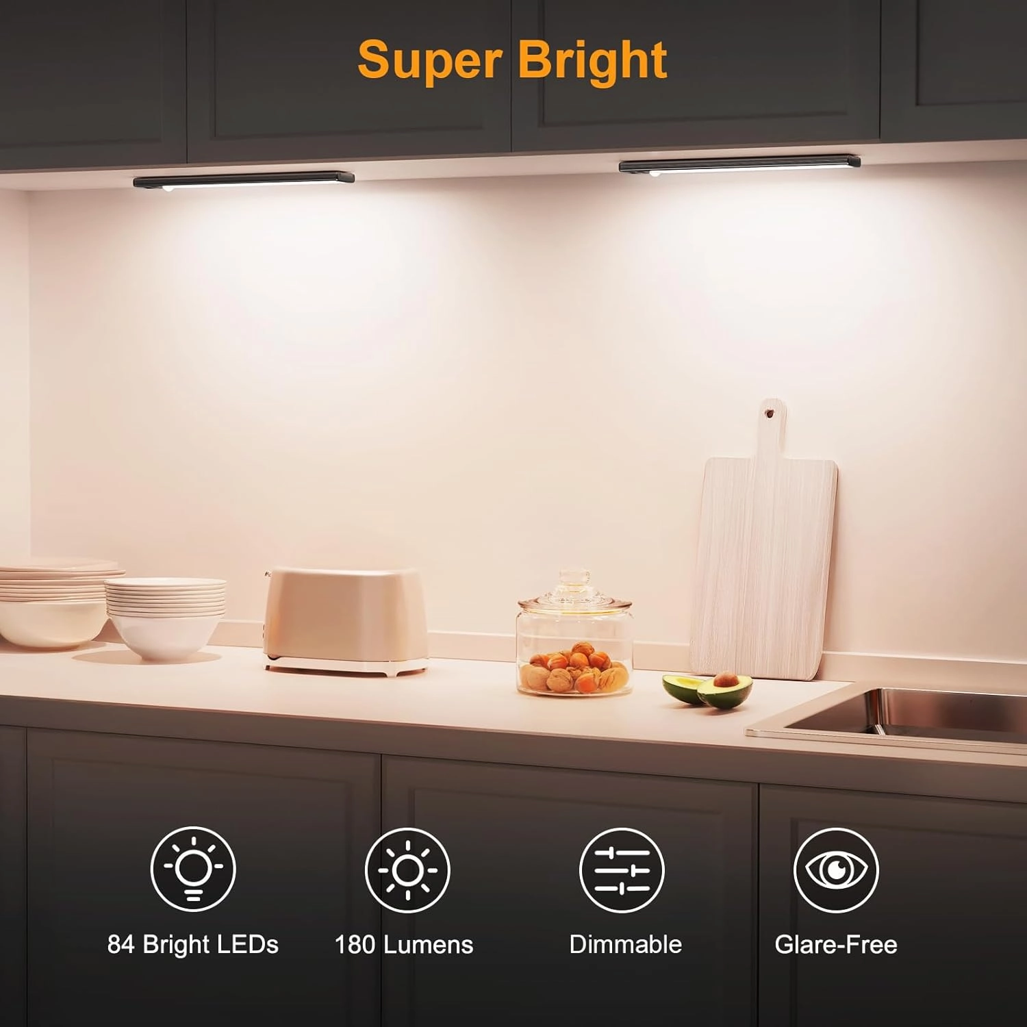 Gritin Under Cabinet Lighting- 84 LED Super Bright,3-Color & 5-Brightness,4 Modes,Motion Sensor, Rechargeable 1800mAh Long Lasting-Easy Installation Magnetic Under Cabinet Closet Lights -2 Pack-Black