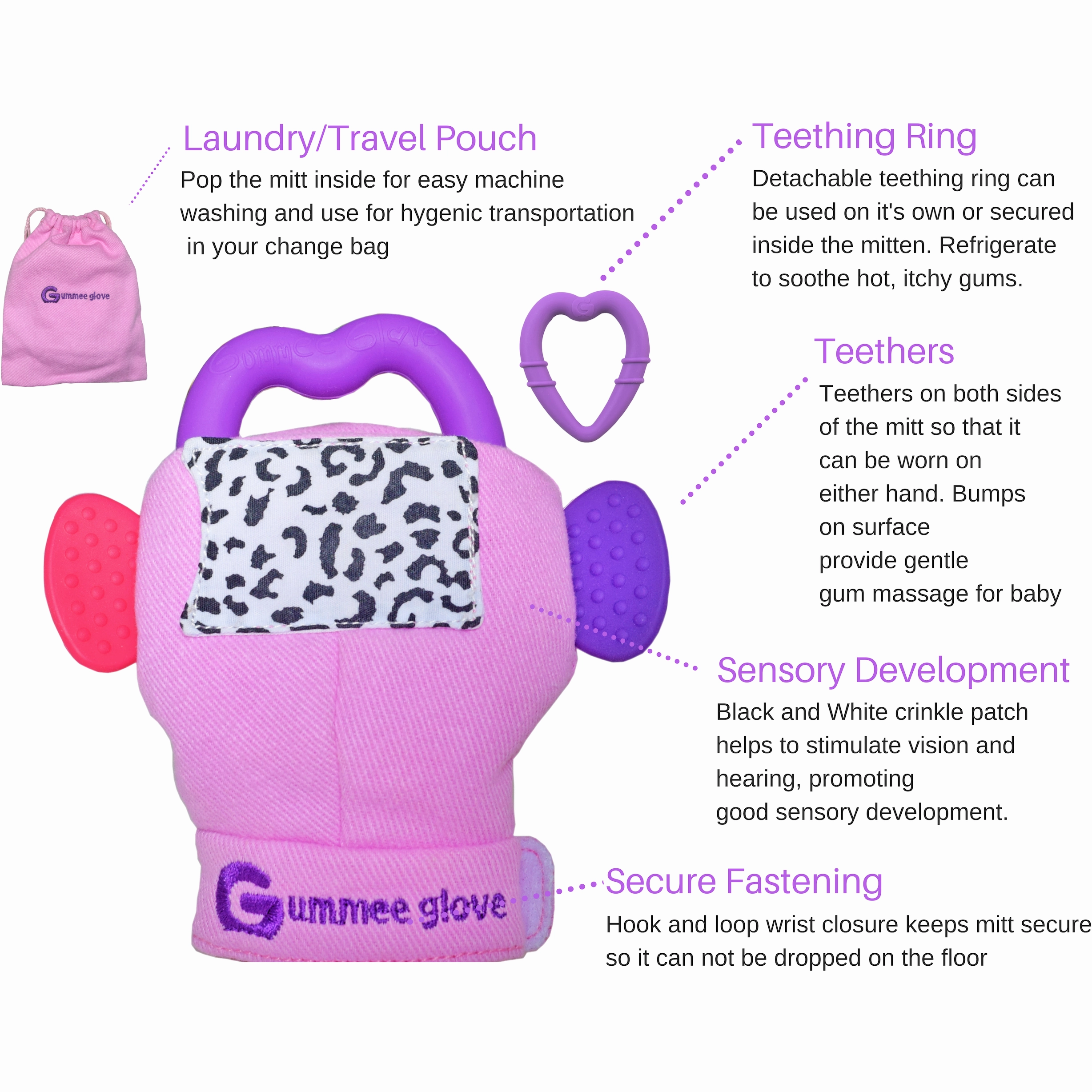 Gummee glove teething mitten Pink and Heart shaped Ring