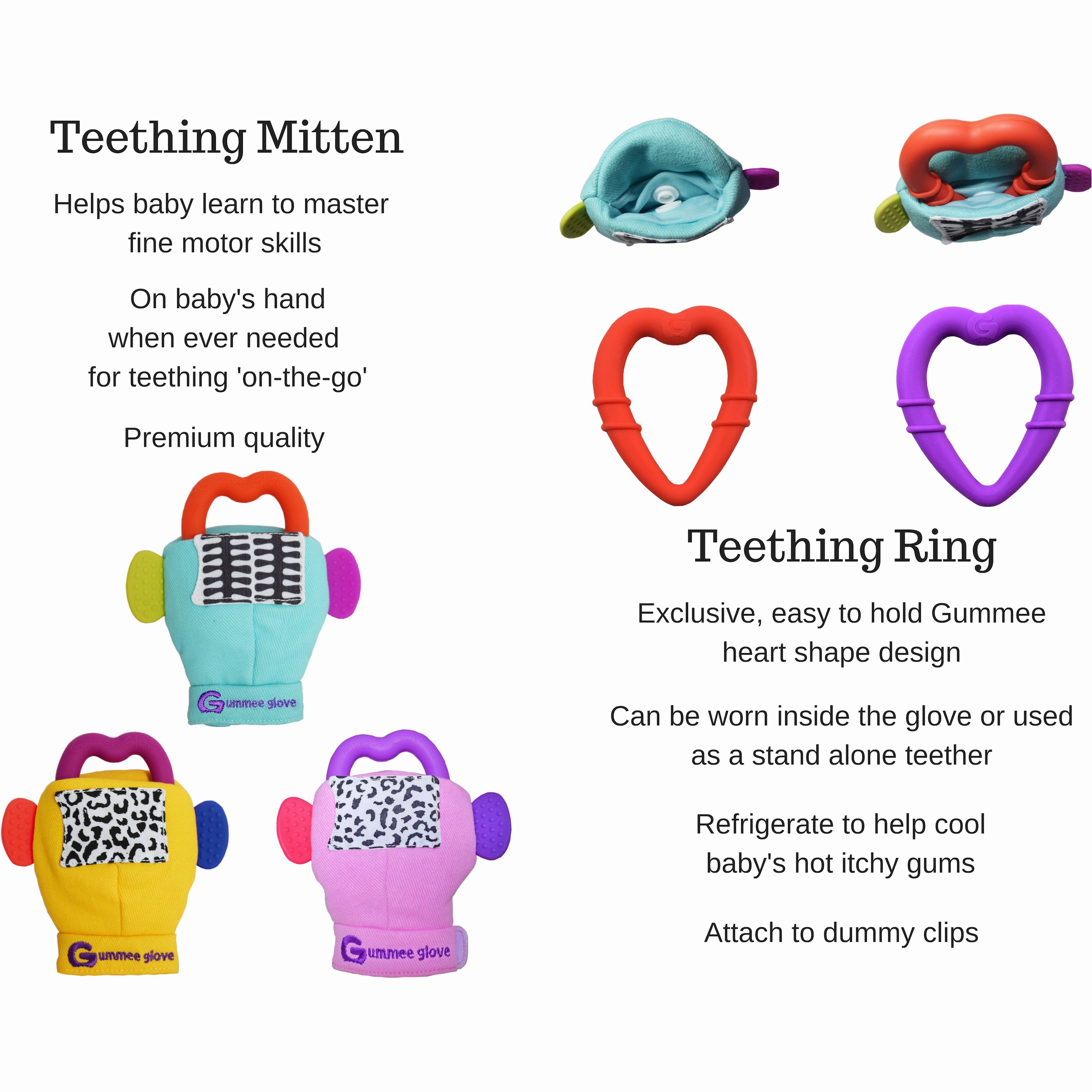 Gummee glove teething mitten Pink and Heart shaped Ring