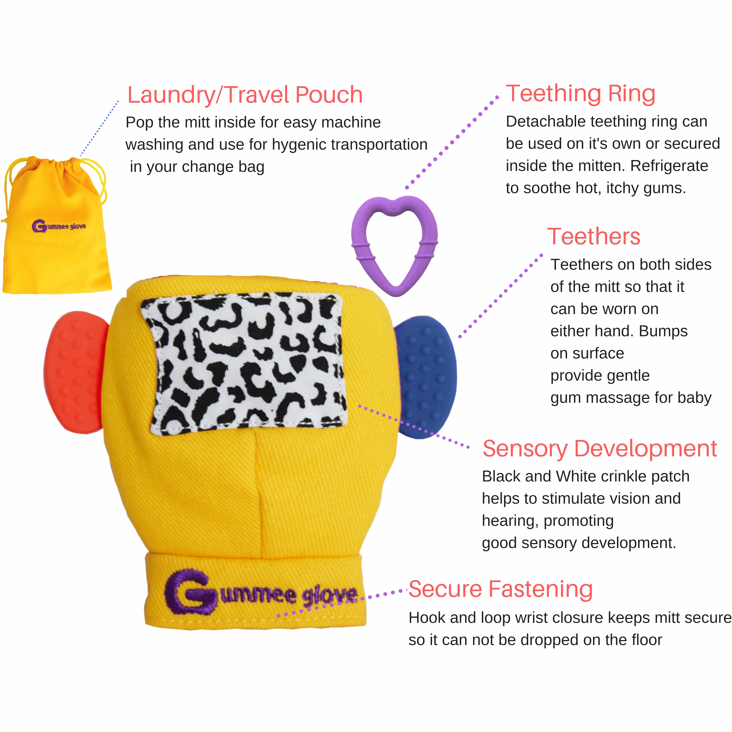 Gummee Glove Teething Mitten Yellow and Heart shaped Ring