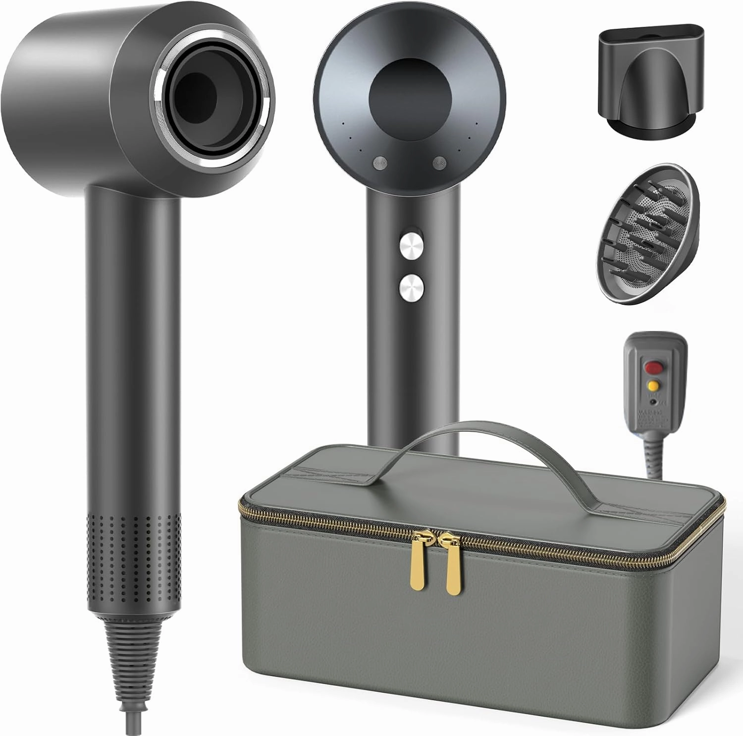 Hair Dryer with Carry Case, 160000 RPM Professional High-Speed Blow Dryer 200 Millions Negative Ionic Care Hair Dryer for Fast Drying, Low Noise Hairdryer, Travel with Magnetic Diffuser & Nozzle, Gray