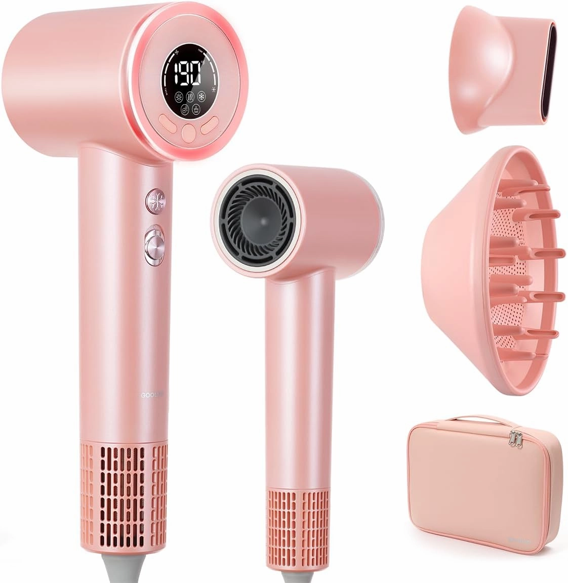 Hair Dryer with Diffuser, Professional High-Speed Blow Dryer, Negative Ionic Hair Dryers for Women, 110,000 RPM Fast Drying, 5 Temps & 3 Speeds, with HD Digital Screen & Carrying Case, Light Pink