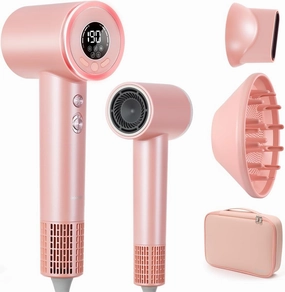 Hair Dryer with Diffuser, Professional High-Speed Blow Dryer, Negative Ionic Hair Dryers for Women, 110,000 RPM Fast Drying, 5 Temps & 3 Speeds, with HD Digital Screen & Carrying Case, Light Pink