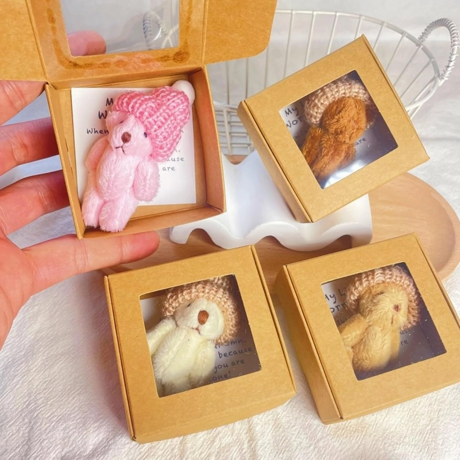 Handmade Mini Plush Teddy Bear in Box, Little Bear in A Box, My Little Worry Bears, Mini Pocket Bears Hug Plush with Emotional Uplifting Support Card, Soft Handmade Teddy Keepsake for Lovers(4pcs)